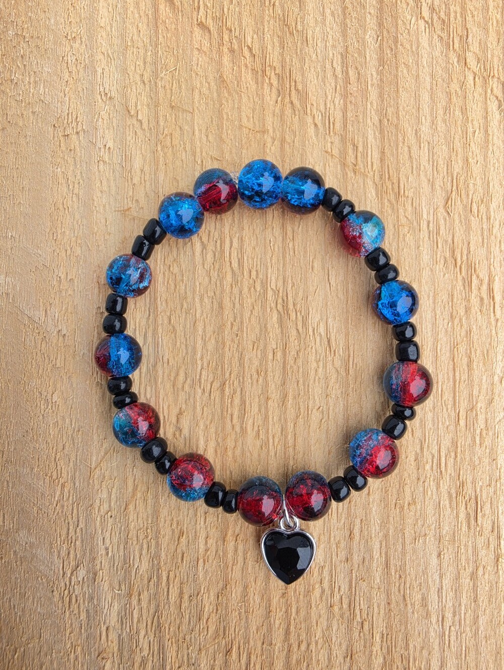 Red & Blue Cracked Glass Bead Bracelet with Black Heart Charm